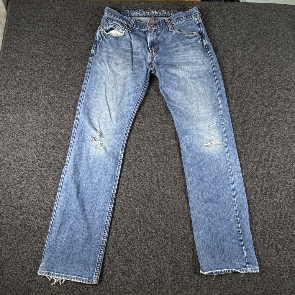 American Eagle Jeans Mens 34 (34X32) Straight Blue Distressed Frayed EUC